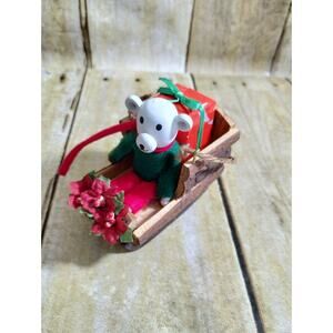Vtg Wooden Sleigh w/ White Wood Polar Bear Presents Christmas Tree Ornament